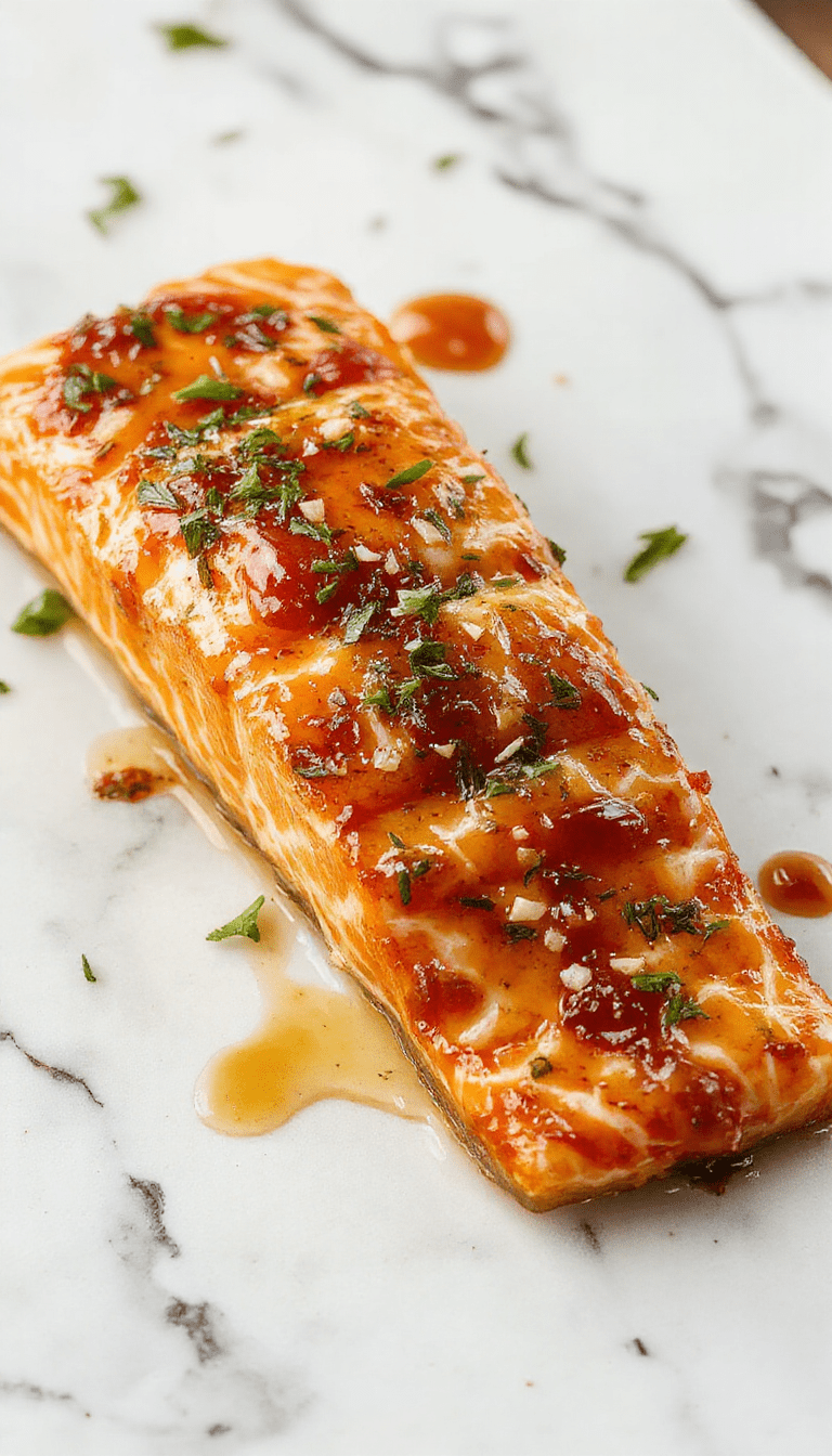 A beautifully plated crispy honey garlic glazed salmon fillet with a caramelized golden-brown crust, drizzled with sticky honey garlic sauce, garnished with fresh herbs, served on a white ceramic plate with a side of vibrant steamed vegetables and lemon wedges, set against a rustic wooden background with natural lighting highlighting the glossy glaze and flaky texture of the fish.