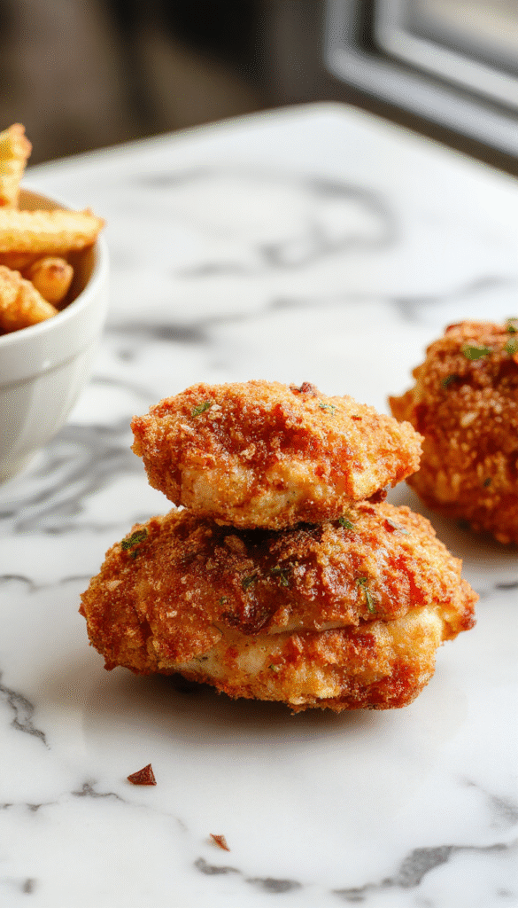 A close-up of golden-brown crispy baked chicken tenders arranged on a rustic wooden platter, garnished with fresh herbs and served with a side of dipping sauce, with a textured background and vibrant colors highlighting the crunchy texture and moist interior.