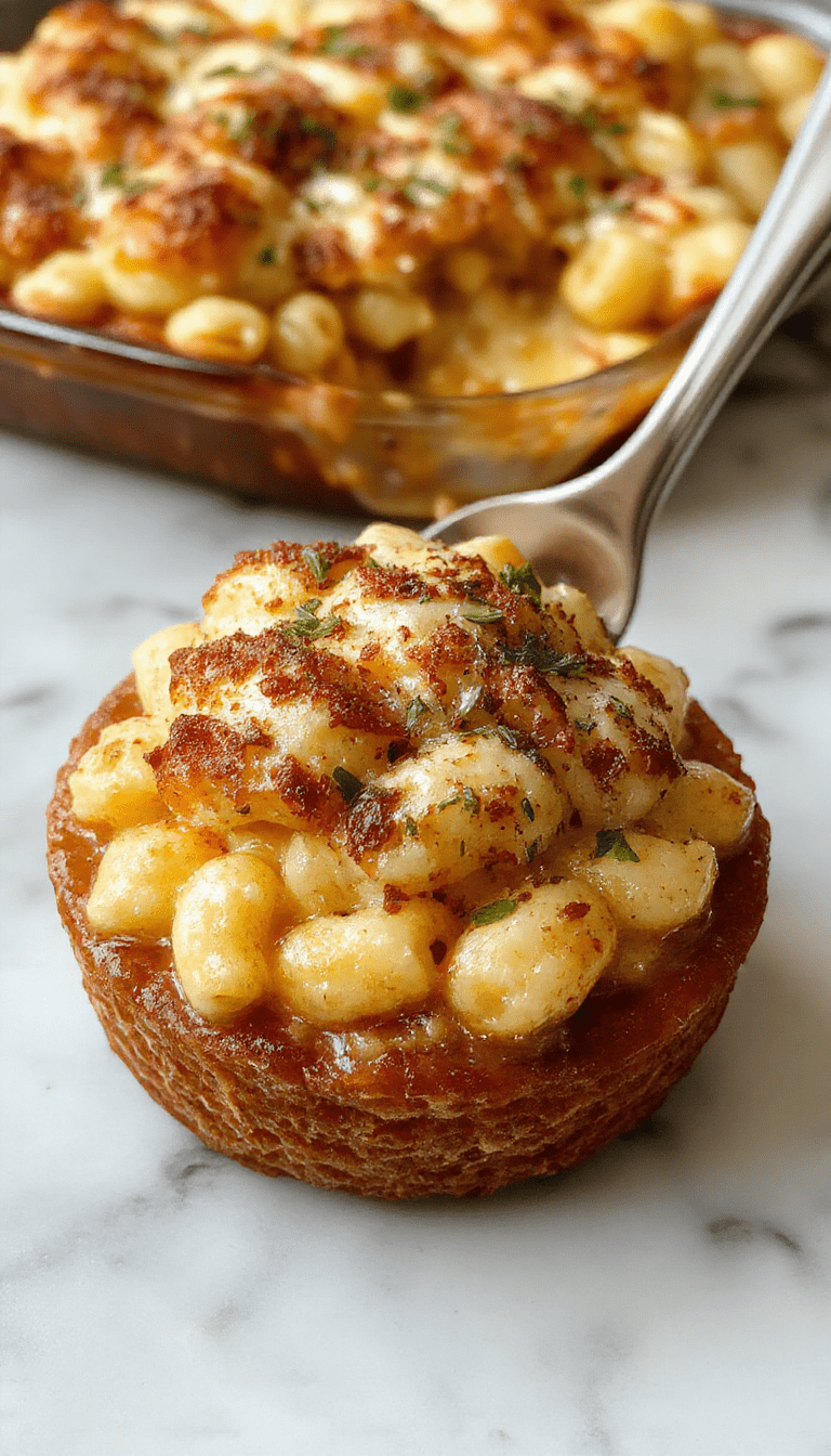 A close-up of a golden-brown baked mac and cheese served in a rustic white dish, topped with a crispy breadcrumb crust and melted cheese oozing at the edges, garnished with fresh herbs, with a warm, inviting background.