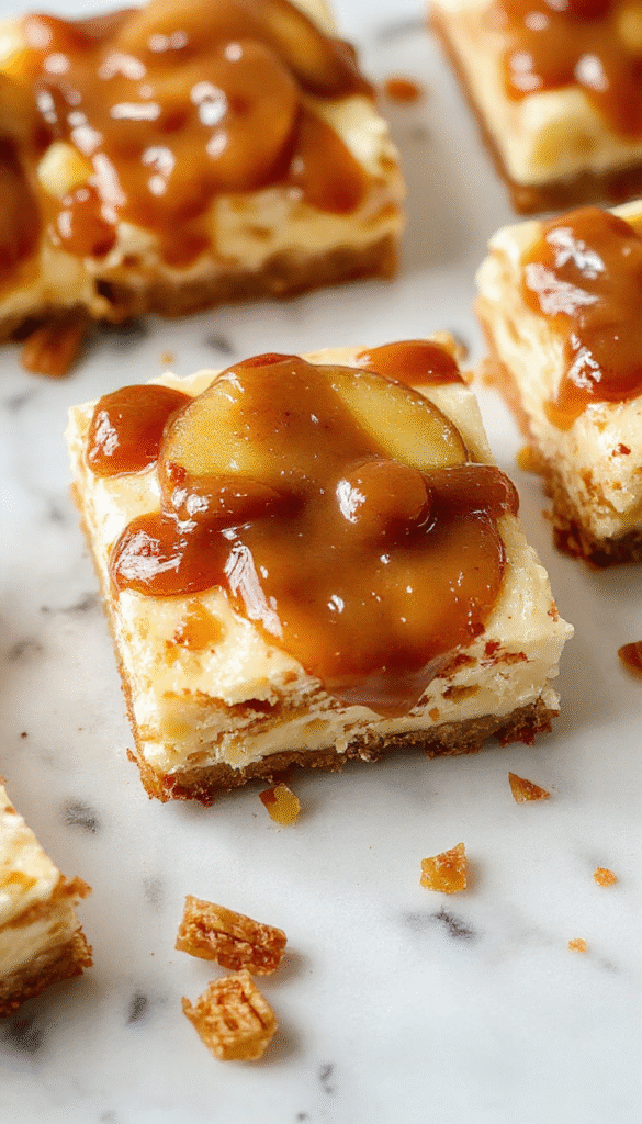 Colorful cheesecake bars topped with glossy caramel drizzle and sliced fresh apples arranged elegantly on a rustic wooden platter, showcasing a creamy interior with a golden crust, styled with cinnamon sticks and caramel candies for a warm inviting look.