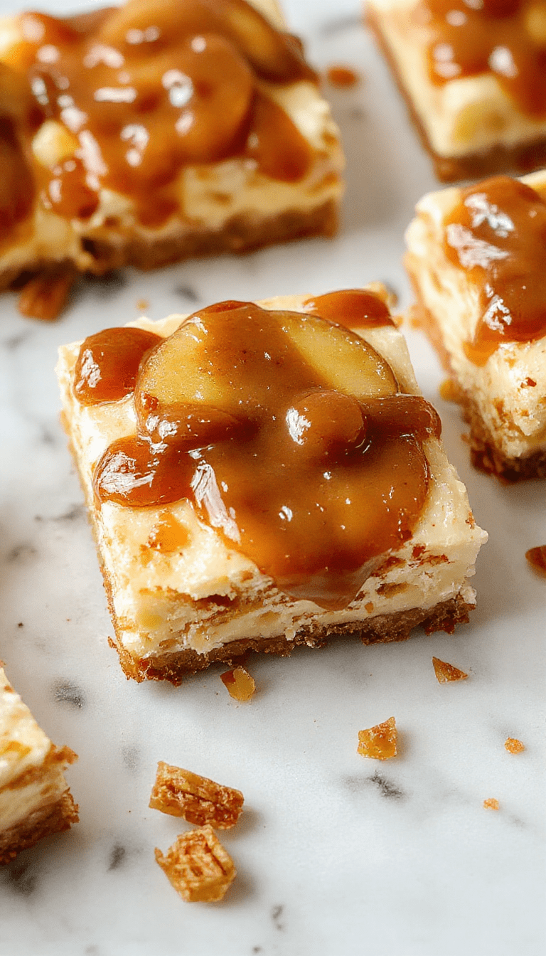 Colorful cheesecake bars topped with glossy caramel drizzle and sliced fresh apples arranged elegantly on a rustic wooden platter, showcasing a creamy interior with a golden crust, styled with cinnamon sticks and caramel candies for a warm inviting look.