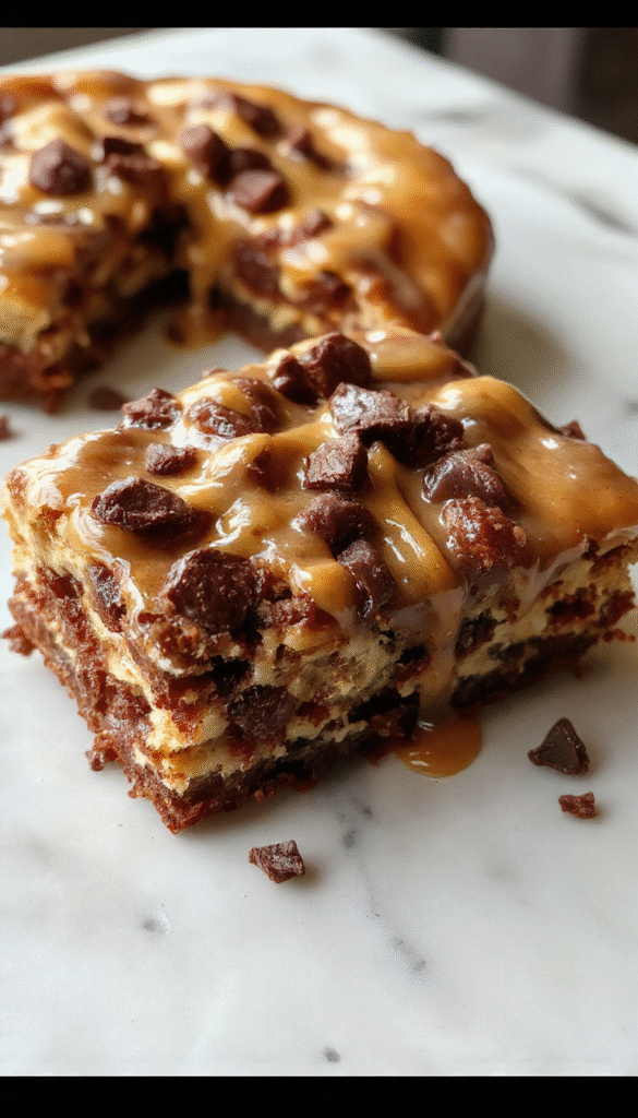 A luscious slice of caramel brownie cheesecake on a white plate, showcasing a thick chocolate brownie base layered with creamy caramel cheesecake, topped with caramel drizzle and a sprinkle of sea salt, garnished with a caramel ribbon and fresh berries in the background, vibrant and indulgent visually appealing dessert.