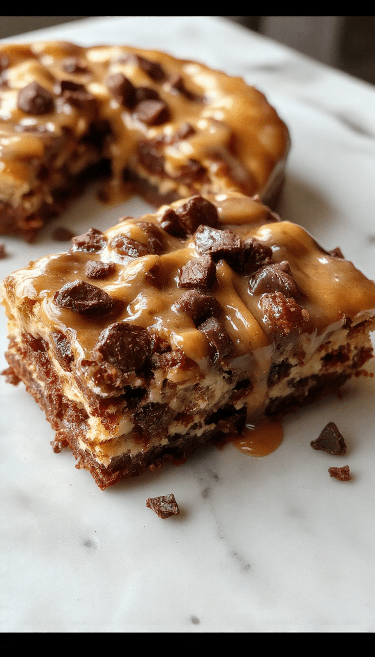 A luscious slice of caramel brownie cheesecake on a white plate, showcasing a thick chocolate brownie base layered with creamy caramel cheesecake, topped with caramel drizzle and a sprinkle of sea salt, garnished with a caramel ribbon and fresh berries in the background, vibrant and indulgent visually appealing dessert.