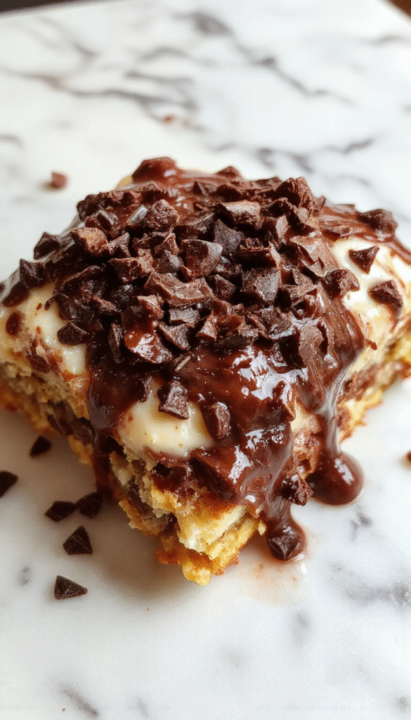 A close-up shot of a luscious chocolate chip cannoli pie on a rustic wooden table, topped with whipped cream and sprinkled with cocoa powder. The pie's golden crust is filled with creamy vanilla filling studded with semi-sweet chocolate chips, garnished with a drizzle of chocolate syrup and crispy cannoli shell pieces. Bright natural lighting enhances the rich textures and inviting presentation.