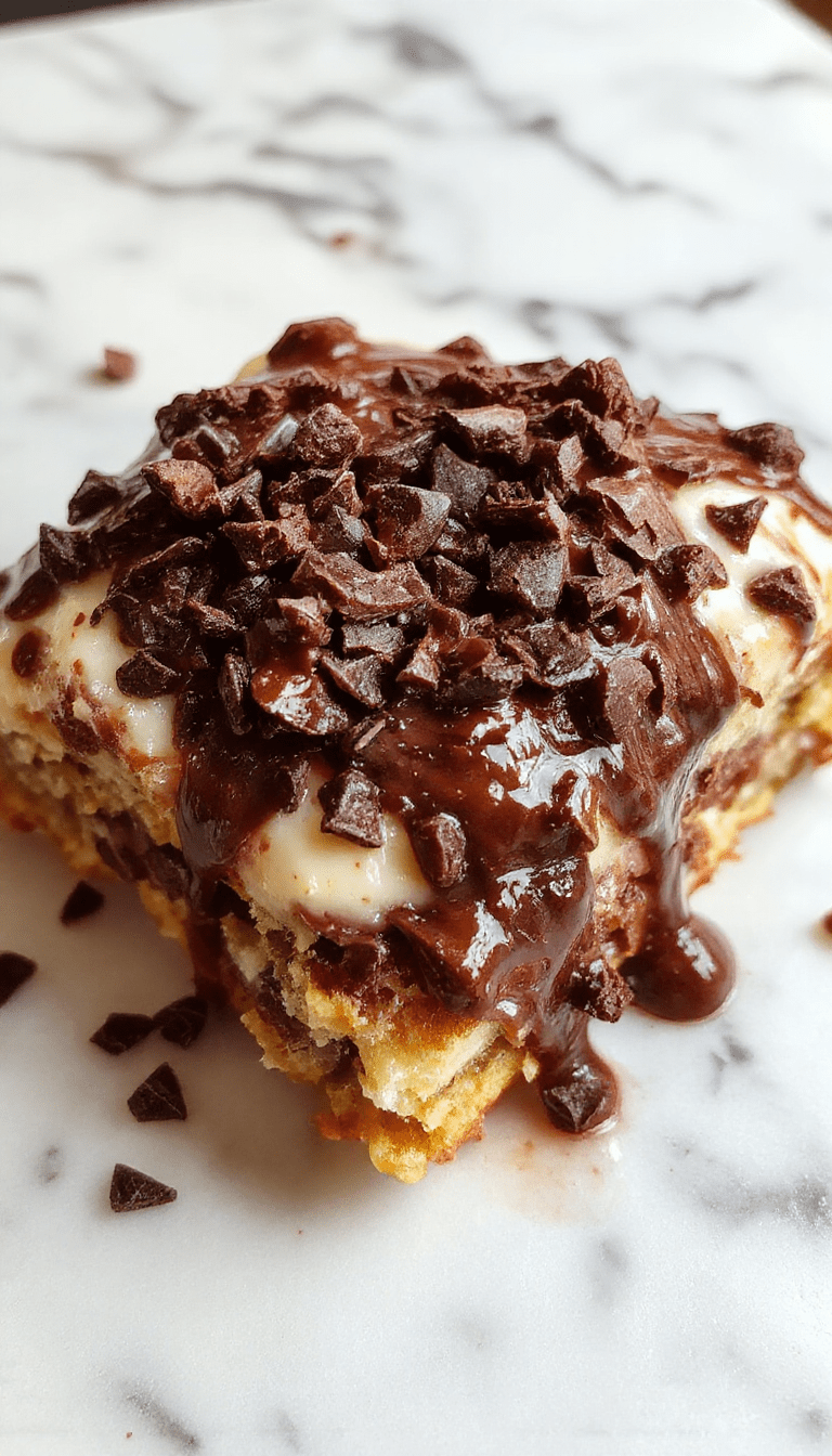 A close-up shot of a luscious chocolate chip cannoli pie on a rustic wooden table, topped with whipped cream and sprinkled with cocoa powder. The pie's golden crust is filled with creamy vanilla filling studded with semi-sweet chocolate chips, garnished with a drizzle of chocolate syrup and crispy cannoli shell pieces. Bright natural lighting enhances the rich textures and inviting presentation.
