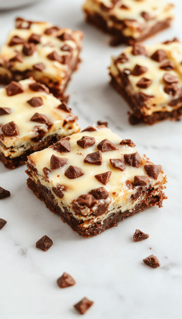 Colorful cheesecake bars featuring a golden-brown crust topped with a rich, creamy cheesecake layer dotted with semi-sweet chocolate chips, sliced and plated beautifully on a white dish with a sprig of fresh mint, highlighting the smooth texture and gooey chocolate chips under natural light.