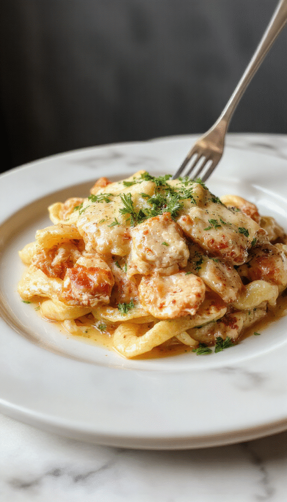 A vibrant plate of rich, creamy Marry Me Chicken Pasta with succulent pieces of chicken, coated in a luscious white sauce, garnished with fresh herbs, and served over al dente pasta on a rustic wooden table with a fork and a glass of white wine.