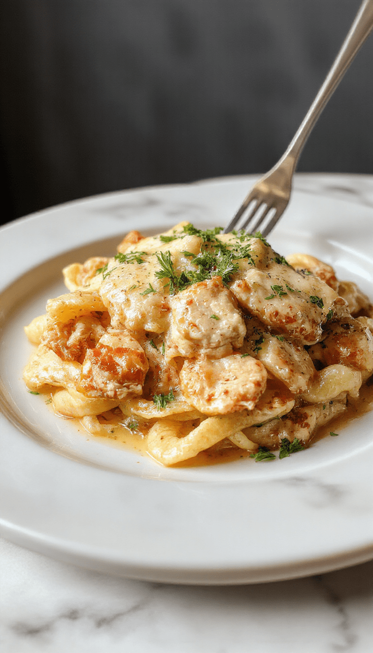A vibrant plate of rich, creamy Marry Me Chicken Pasta with succulent pieces of chicken, coated in a luscious white sauce, garnished with fresh herbs, and served over al dente pasta on a rustic wooden table with a fork and a glass of white wine.