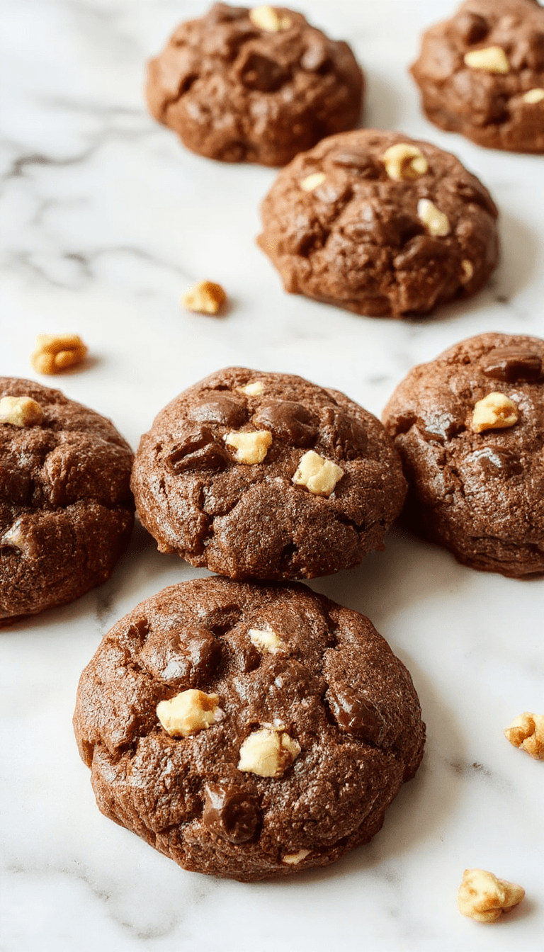 A close-up of a freshly baked chocolate walnut cookie with a golden-brown crust, chunky walnuts and melty chocolate chunks on top, rimmed with powdered sugar, served on a rustic wooden plate with scattered walnuts and chocolate pieces in the background.