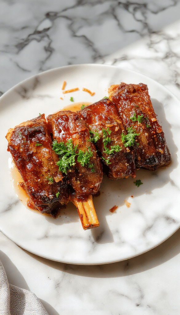Colorful plated brown sugar beef chops with a glazed sauce, garnished with fresh herbs, served on a rustic white plate with a side of vegetables, vibrant and appetizing textures, styled on a wooden table.