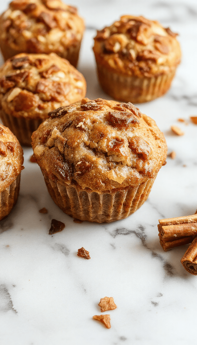 A close-up shot of golden-brown apple cinnamon muffins on a rustic wooden platter, topped with a sprinkle of cinnamon and crumbles of fresh apple, with soft natural lighting highlighting the moist texture and cinnamon swirl inside the muffins, styled with a few slices of fresh apple and a cinnamon stick in the background.