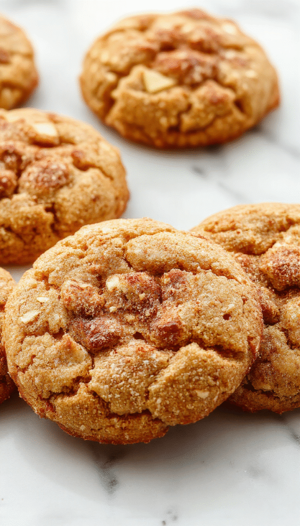 Colorful apple cinnamon snickerdoodle cookies arranged on a rustic wooden plate, showcasing golden-brown edges, cinnamon sugar coating, and tender texture with bits of apple visible, all styled with a sprinkle of cinnamon on top and a soft focus background.