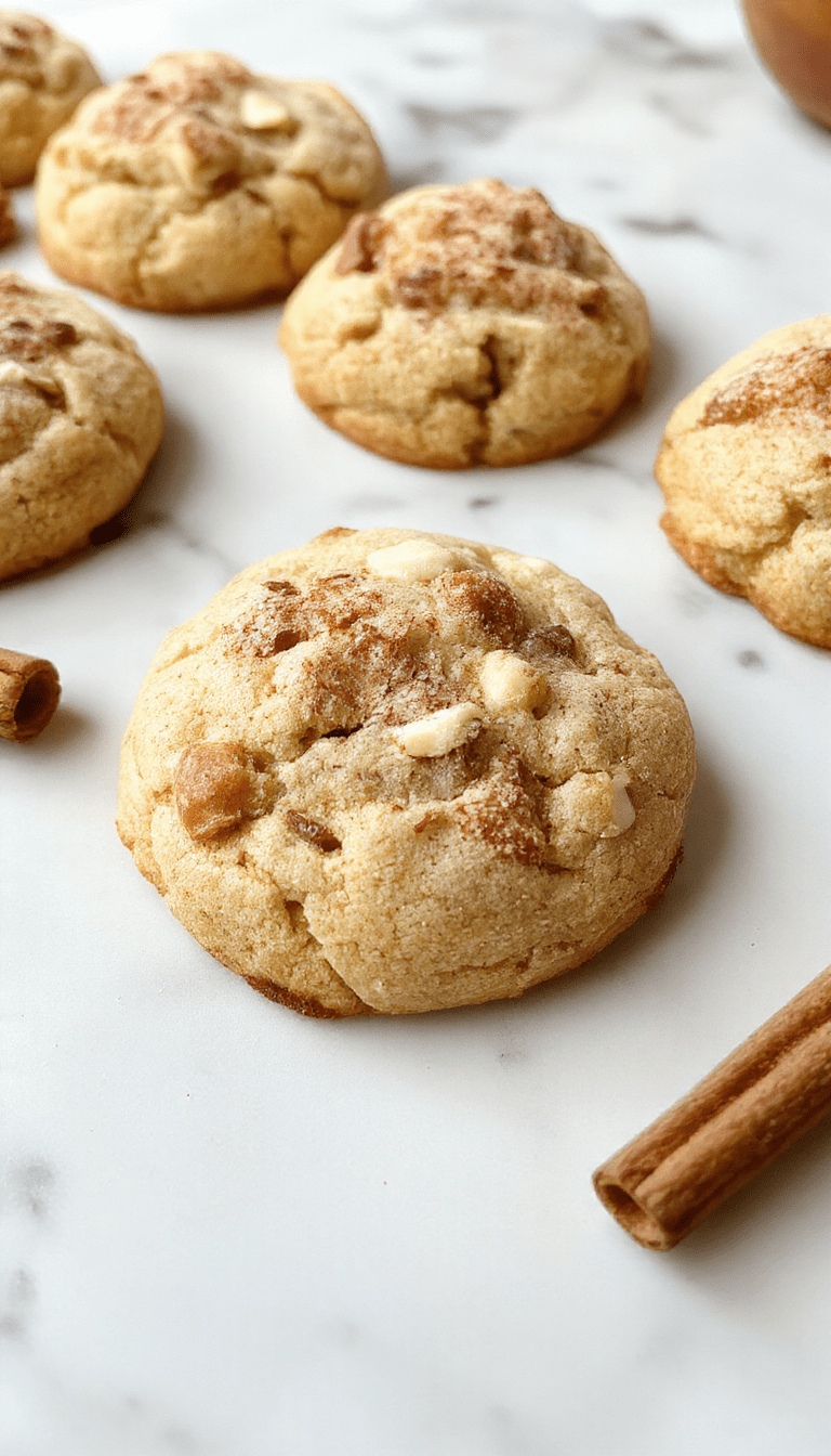 Colorful close-up image of golden-brown apple cinnamon snickerdoodle cookies sprinkled with cinnamon sugar, arranged on a rustic white plate with a cinnamon stick and sliced apple in the background, textured surface under the plate, inviting and warm tone.