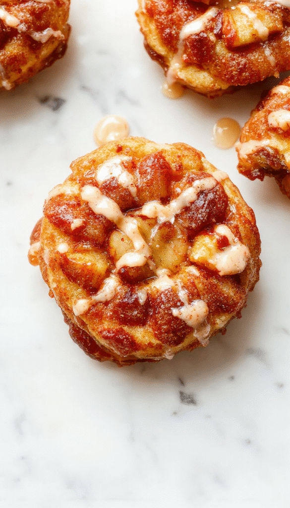 Colorful close-up of golden baked apple fritters drizzled with glossy sweet glaze, displayed on a rustic wooden plate, garnished with cinnamon and powdered sugar, showcasing crispy textures and tender apple pieces inside.