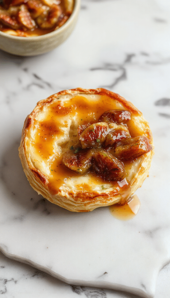 A golden-brown puff pastry wrapped around a creamy melted brie cheese, topped with a drizzle of golden honey and sliced fresh figs. The pastry is flaky with a crisp texture, partially opened to reveal the melted cheese inside. The presentation is elegant on a rustic wooden platter, garnished with sprigs of thyme and a honey dipper nearby, highlighting the luxurious and inviting appeal.