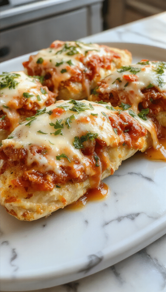 A golden-brown baked chicken parmesan dish plated with marinara sauce, melted melted mozzarella and Parmesan cheese on top, garnished with fresh basil, and served on a white plate with a rustic background, highlighting crispy breaded chicken and vibrant tomato sauce.