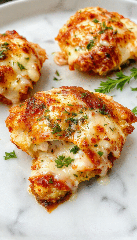 A close-up of a baked chicken parmesan dish featuring a golden-brown breaded chicken cutlet topped with melted marinara sauce and melted mozzarella cheese, garnished with fresh basil leaves on a rustic white plate. The dish is served on a wooden table with a side of spaghetti and a glass of red wine, styled in warm, inviting lighting highlighting textures and vibrant colors.