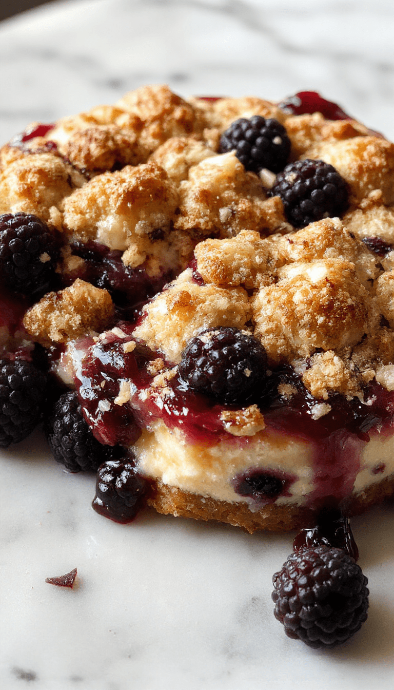 A vibrant slice of blueberry crumble cheesecake on a white plate, showcasing a creamy cheesecake base topped with juicy blueberries and golden crumble topping, garnished with fresh mint. The dessert is served on a rustic wooden table with a drizzle of blueberry sauce, highlighting the textures and colors.