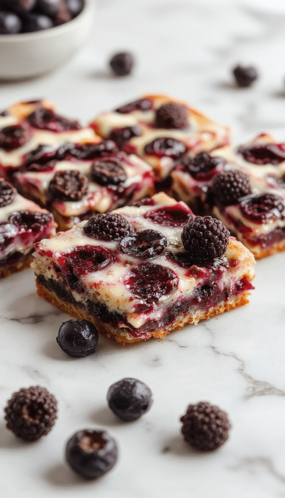 Colorful blueberry cream cheese bars on a elegant white plate with a crumbly golden crust, topped with fresh blueberries and a drizzle of glaze, styled with mint leaves and a fork for serving.