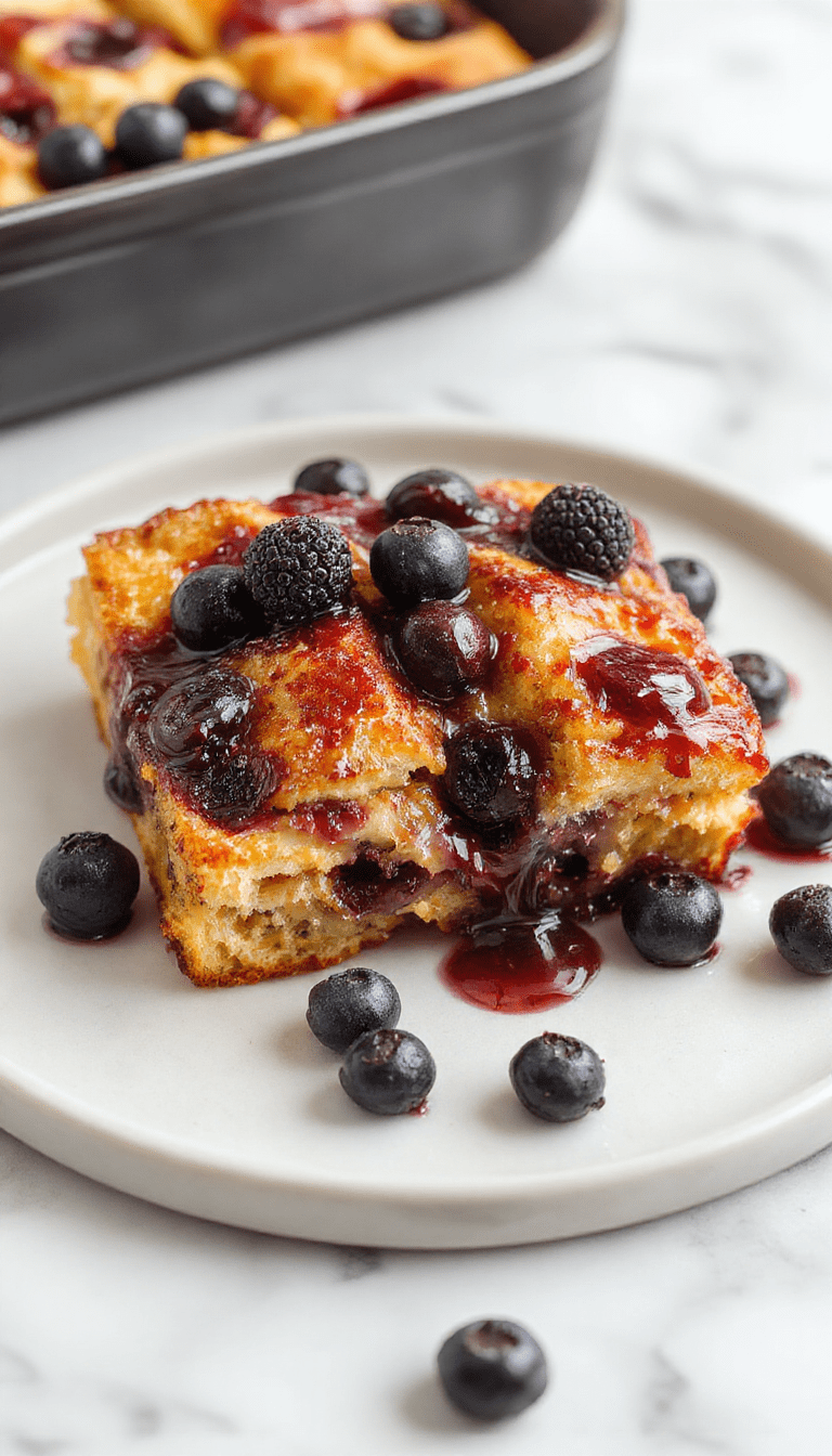 A vibrant breakfast scene featuring a golden-brown blueberry French toast casserole topped with fresh blueberries and powdered sugar, served in a rustic white dish alongside a drizzle of maple syrup. The casserole has a fluffy, airy texture with visible blueberries bursting with color, placed on a warm wooden table with a fork and a cup of coffee nearby.