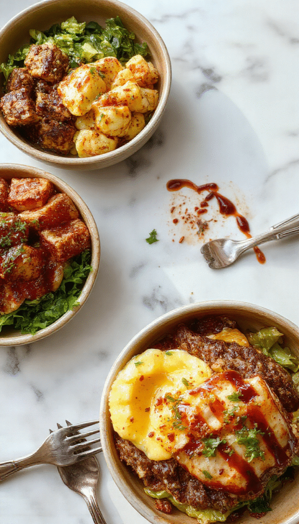 A vibrant plate featuring a burger bowl with seasoned ground beef, fresh lettuce, cherry tomatoes, shredded cheese, and drizzled sauce. The bowl is styled attractively with colorful ingredients layered nicely, with a side of crispy fries in the background. The bright lighting highlights the textures of the ingredients, making it look appetizing and inviting.