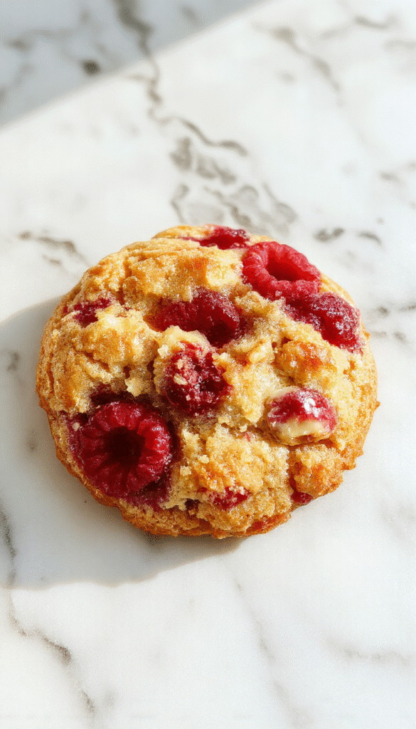 A close-up of a rustic white plate holding a slice of raspberry crumble cookie with a golden, buttery crust and vibrant red raspberry filling, topped with a dusting of powdered sugar. The background features fresh raspberries and crumbly cookie pieces, styled with a natural, cozy vibe, highlighting textures and luscious colors.
