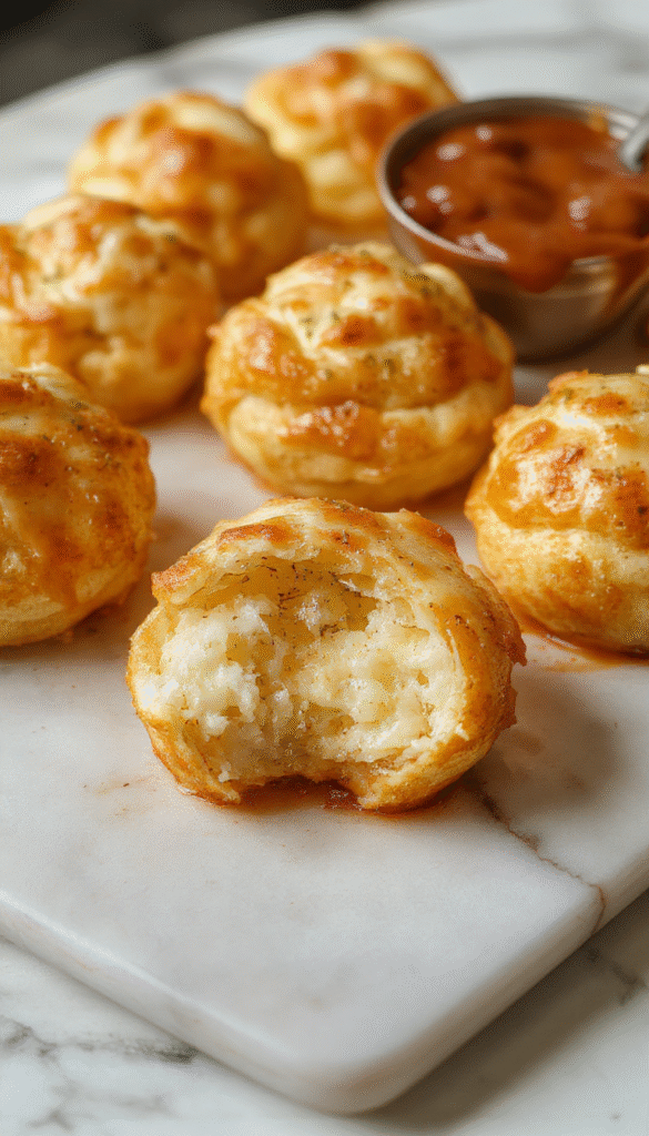 A close-up of golden-brown cheesy mashed potato puffs arranged on a rustic platter, garnished with chopped parsley. The puffs are crispy exterior with a soft, cheesy interior visible on some, showcasing vibrant yellow potatoes and melted cheese. The background features a wooden table with a small bowl of dipping sauce, styled simply to highlight the savory appetizer.