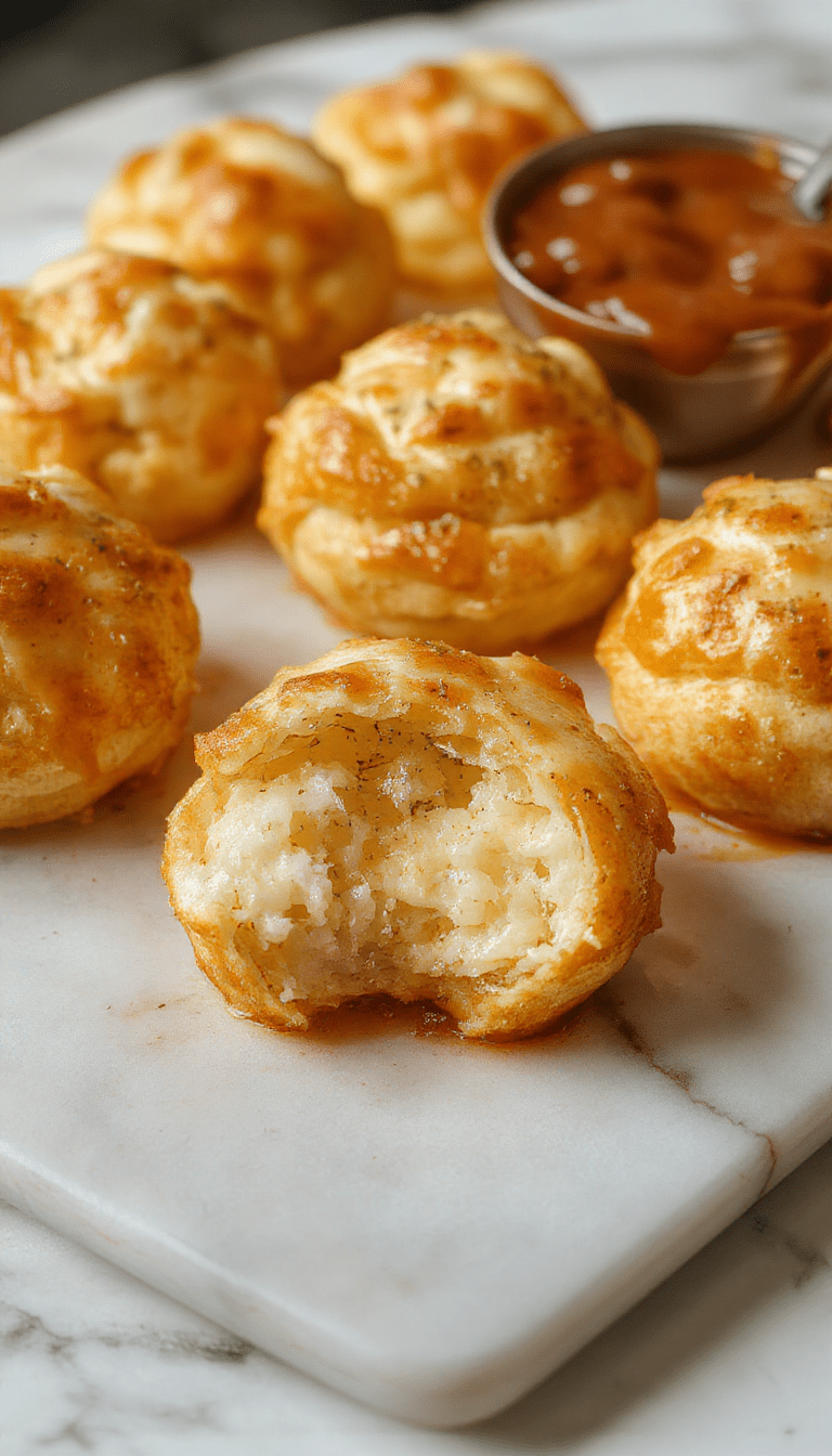 A close-up of golden-brown cheesy mashed potato puffs arranged on a rustic platter, garnished with chopped parsley. The puffs are crispy exterior with a soft, cheesy interior visible on some, showcasing vibrant yellow potatoes and melted cheese. The background features a wooden table with a small bowl of dipping sauce, styled simply to highlight the savory appetizer.