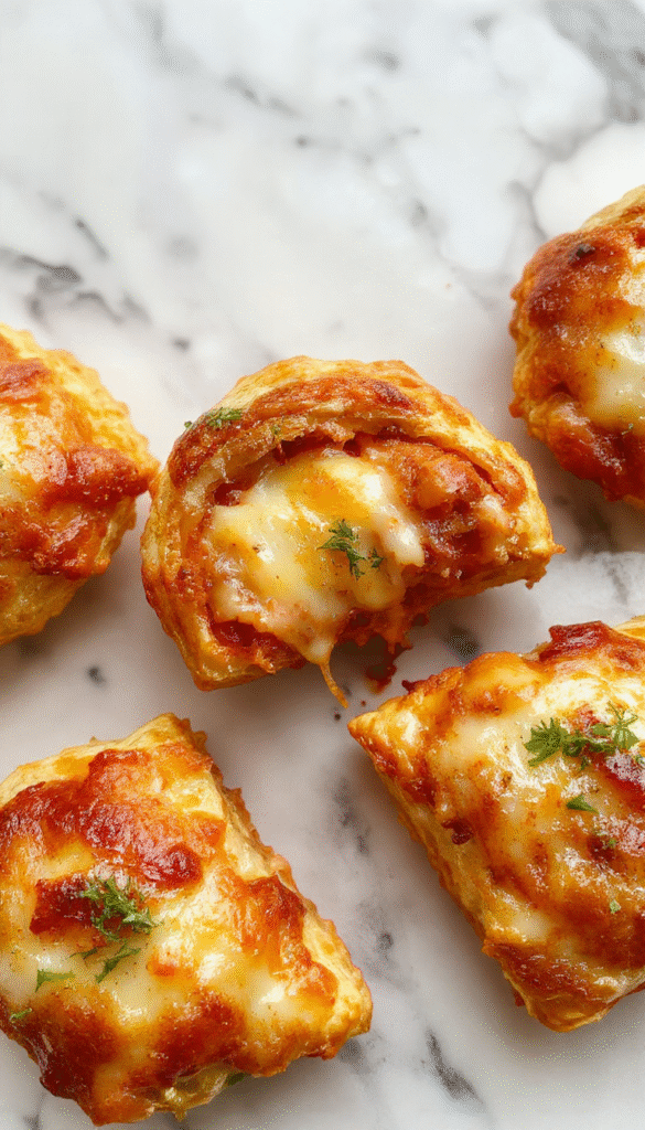 Colorful cheese-stuffed pizza pockets arranged on a rustic wooden board, golden brown crust with melting cheese oozing out, garnished with fresh herbs, styled for a cozy homemade setting