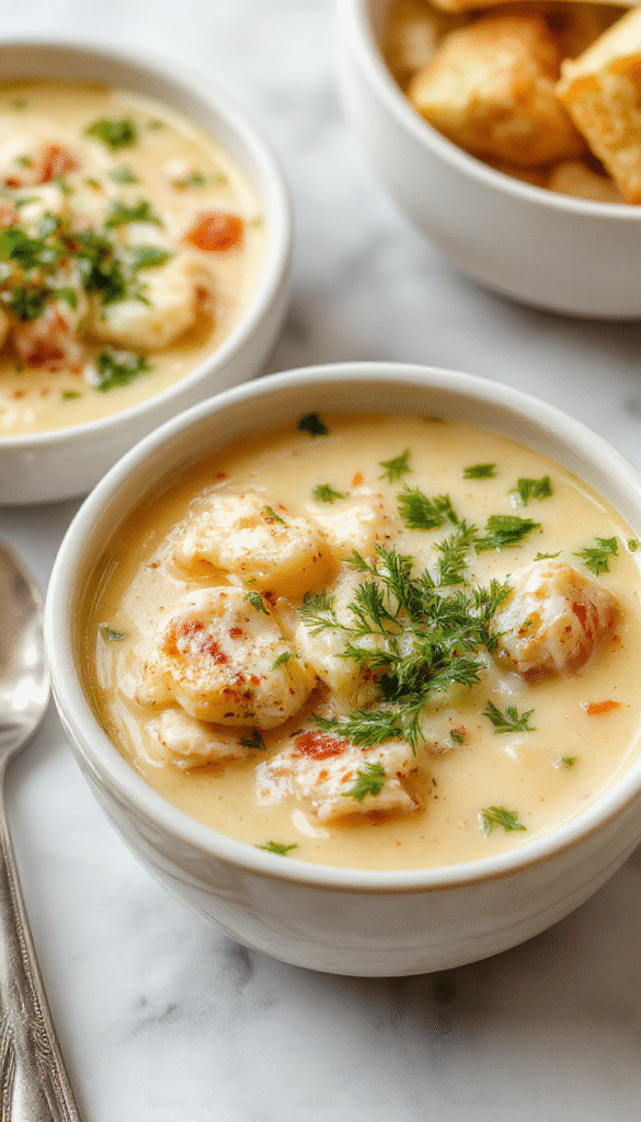 A vibrant bowl of chicken piccata soup featuring tender shredded chicken immersed in a golden broth with capers, lemon slices, and fresh herbs, garnished with parsley, served in a rustic bowl on a wooden table.