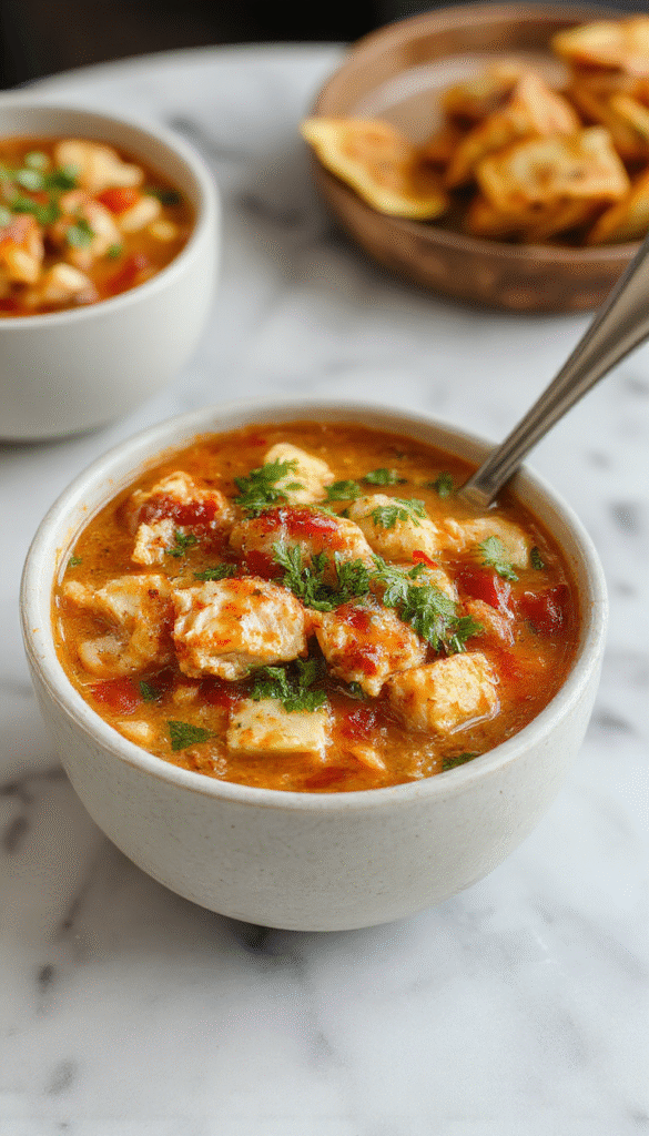A vibrant bowl of chicken taco soup featuring shredded chicken, black beans, corn, and diced tomatoes, topped with shredded cheese, fresh cilantro, and lime wedges, served in a rustic white bowl on a wooden table with colorful toppings and warm lighting.