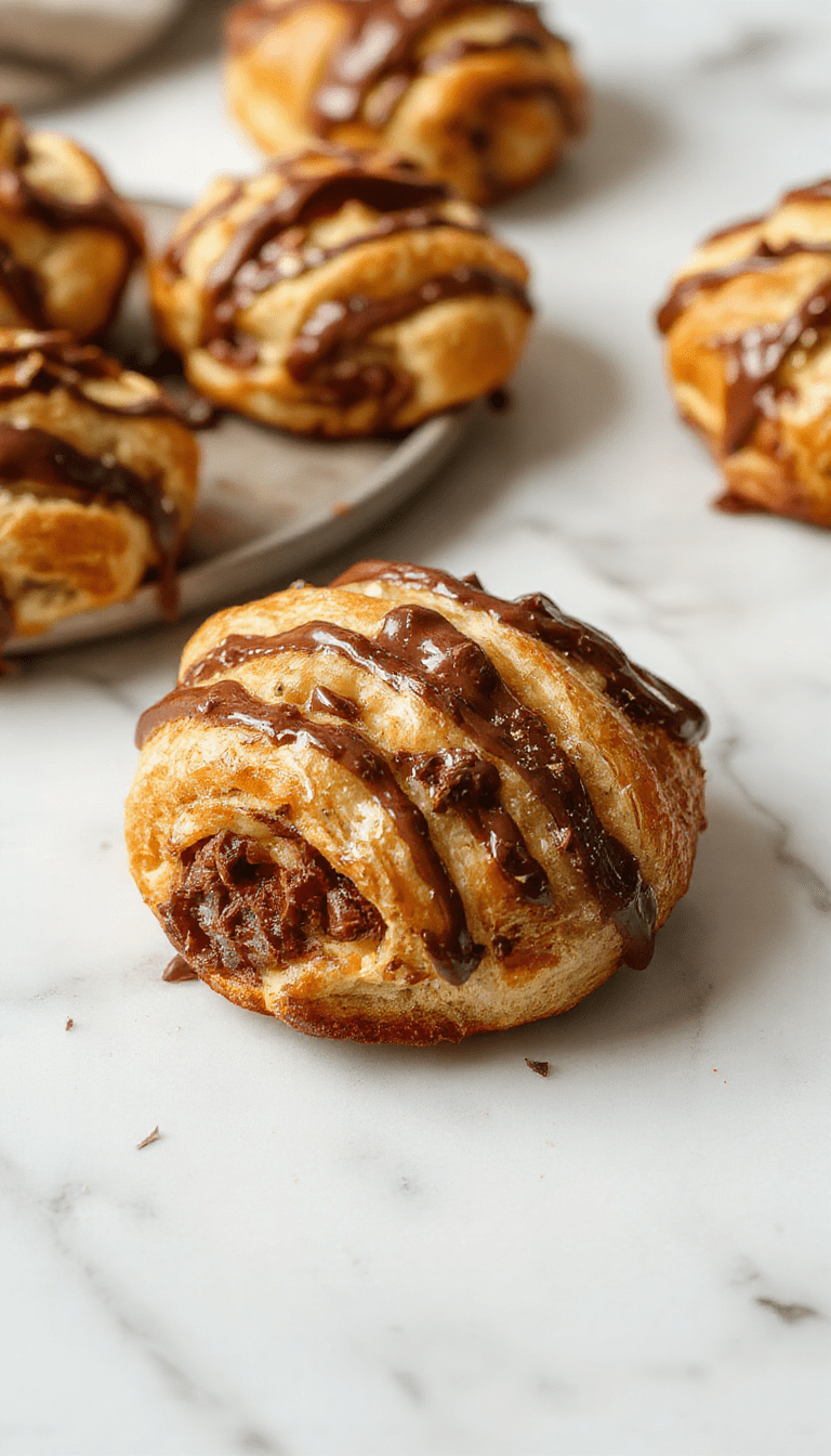 A close-up of a golden-brown chocolate croissant breakfast bake served on a white plate, topped with a dusting of powdered sugar and fresh berries. The flaky croissants are layered with melted chocolate and creamy custard, with a caramelized crust on top. The dish is styled elegantly with a fork, and a background of rustic kitchen setting with warm lighting.