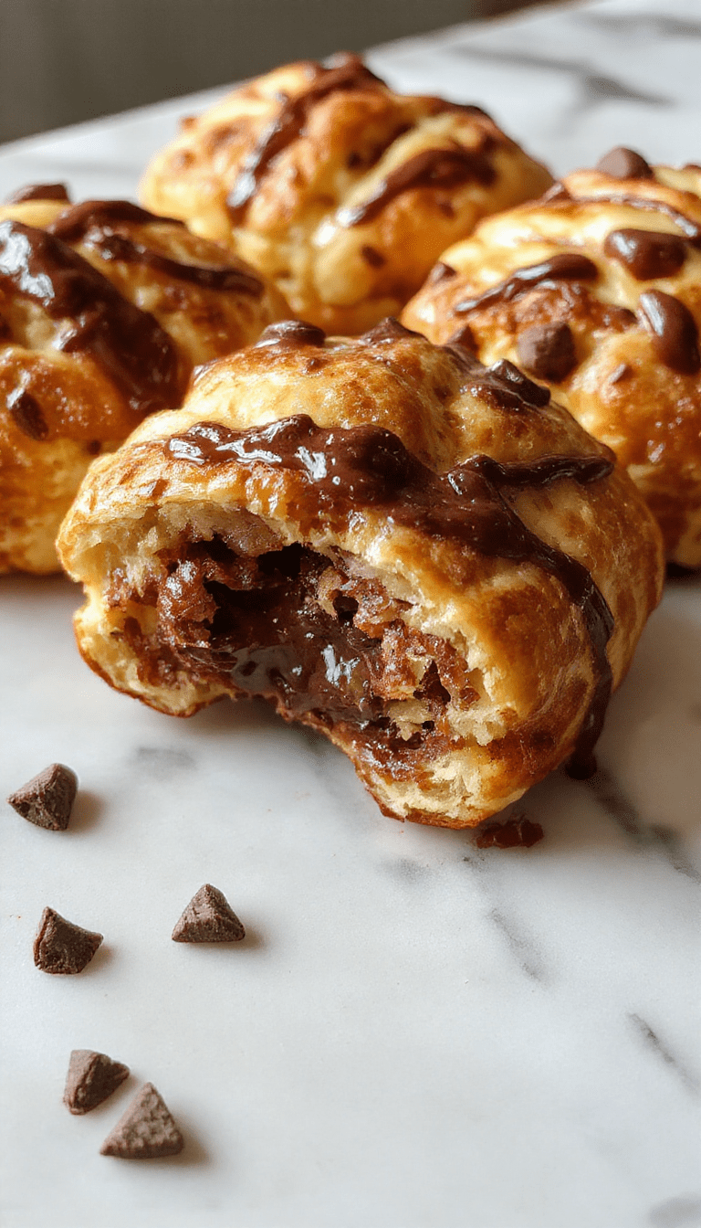 A golden-brown baked breakfast casserole featuring flaky croissant layers generously infused with rich chocolate chunks, topped with powdered sugar and served in a rustic white dish. The dessert is garnished with fresh berries and mint leaves, with a fork and knife placed alongside, capturing the warm, inviting texture and gooey chocolate interior.