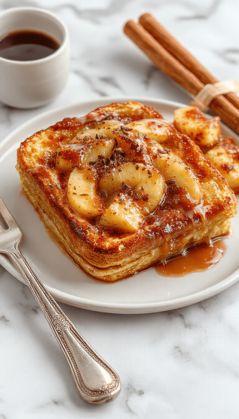 A colorful and inviting image of a cinnamon apple French toast bake served on a rustic white plate. The dish features golden-brown slices of bread soaked in a cinnamon apple custard, topped with caramelized apple slices, and garnished with a dusting of powdered sugar and a sprig of fresh mint. The background showcases a cozy kitchen setting with warm lighting and autumnal decor.