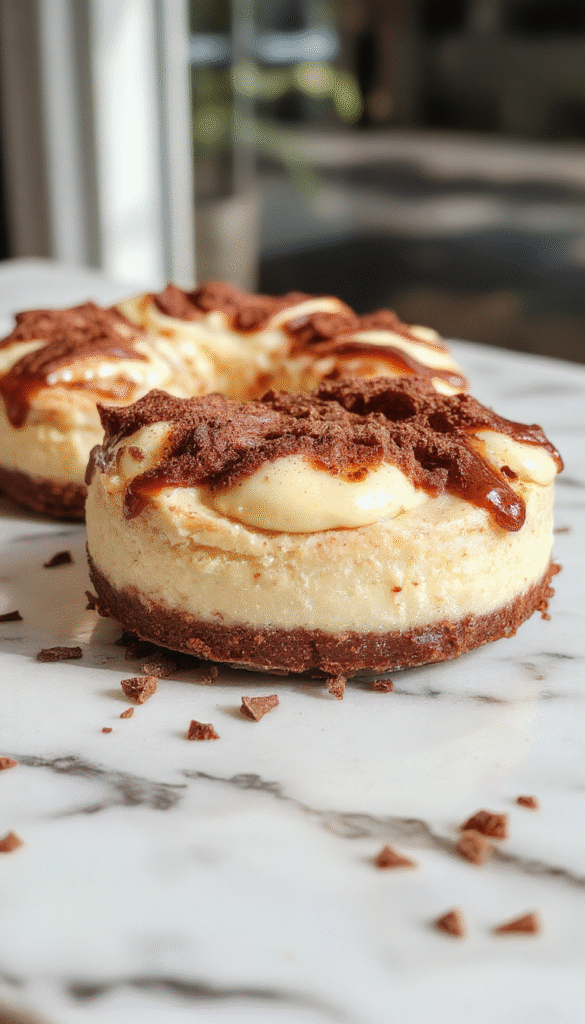 A vibrant cheesecake topped with a cinnamon swirl pattern, garnished with cinnamon sticks and a drizzle of caramel sauce. The cheesecake has a smooth, creamy texture with a golden-brown crust, beautifully presented on a white plate with a rustic background and warm lighting highlighting its rich, inviting colors.