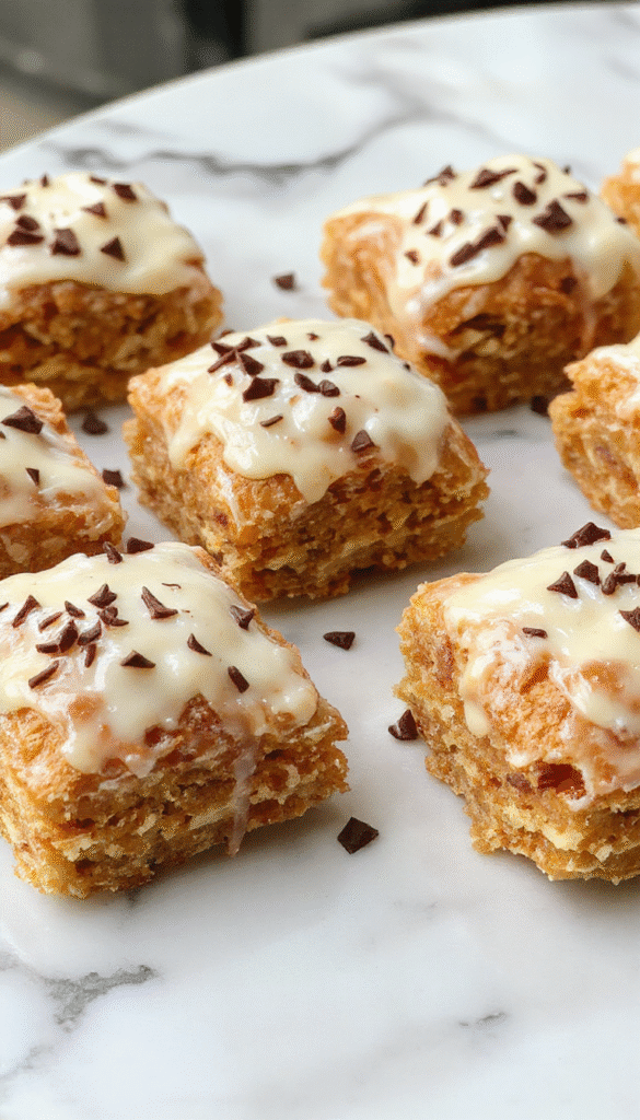 A colorful display of golden-brown cannoli squares arranged on a white plate, filled with creamy ricotta filling, garnished with chocolate chips and powdered sugar, styled elegantly on a rustic wooden table with a background of fresh ingredients and a sprinkle of crushed cannoli shells.