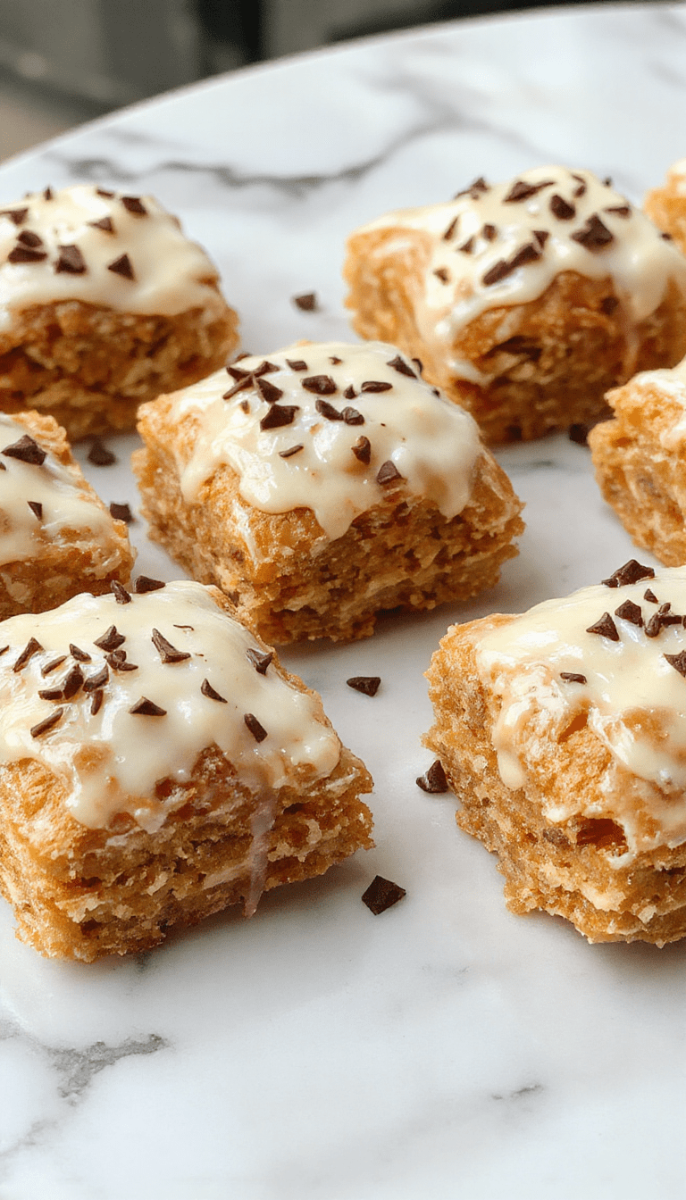 A colorful display of golden-brown cannoli squares arranged on a white plate, filled with creamy ricotta filling, garnished with chocolate chips and powdered sugar, styled elegantly on a rustic wooden table with a background of fresh ingredients and a sprinkle of crushed cannoli shells.