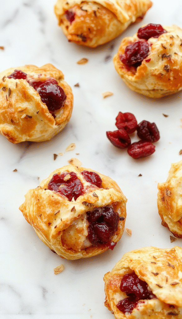 Colorful platter featuring golden brown crescent-shaped bites filled with vibrant red cranberries and creamy cheese, garnished with fresh herbs on a rustic wooden table.