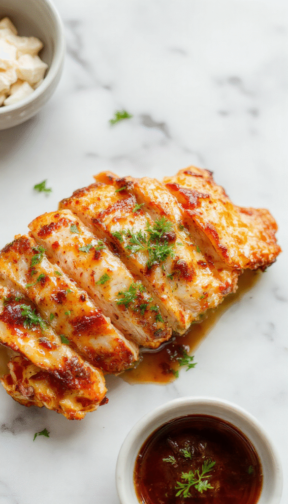 A beautifully plated serving of bourbon chicken on a white plate with a glossy glaze, garnished with fresh green herbs. The chicken pieces are tender and caramelized, surrounded by a rich, savory sauce. The background features a rustic wooden table setup with a sprig of thyme and a side of steamed vegetables, emphasizing the warm, inviting meal with vibrant colors and appealing textures.