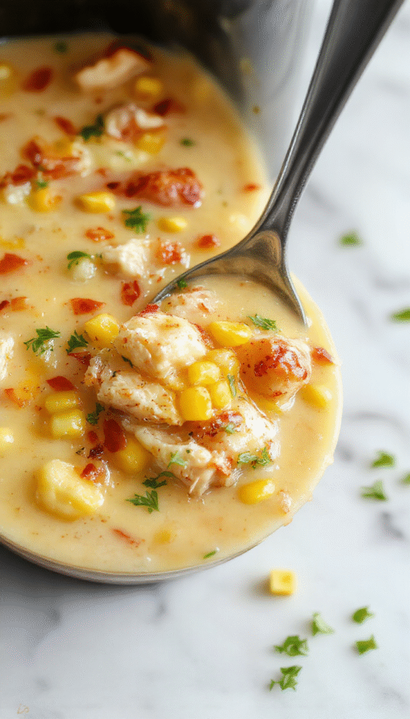 A vibrant bowl of chicken corn chowder topped with fresh herbs on a rustic wooden table. The chowder has a rich, creamy texture with golden corn kernels and tender shredded chicken visible. A spoon is dipped into the soup, and a piece of crusty bread is placed beside the bowl, garnished with chopped green onions and a swirl of cream, styled to look warm and inviting.