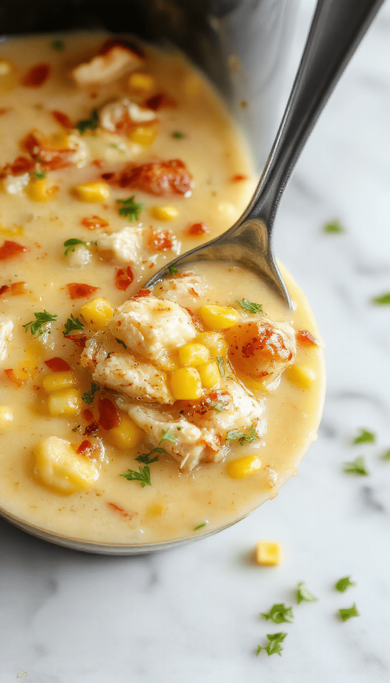 A vibrant bowl of chicken corn chowder topped with fresh herbs on a rustic wooden table. The chowder has a rich, creamy texture with golden corn kernels and tender shredded chicken visible. A spoon is dipped into the soup, and a piece of crusty bread is placed beside the bowl, garnished with chopped green onions and a swirl of cream, styled to look warm and inviting.