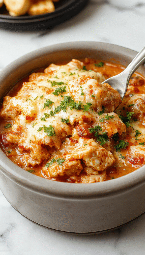 Colorful chicken enchilada casserole with layers of shredded chicken, melted cheese, and vibrant red enchilada sauce garnished with fresh cilantro, served on a rustic white plate with a side of tortilla chips and a chopped salad, showcasing textures from creamy sauce to crispy edges and fresh herbs.