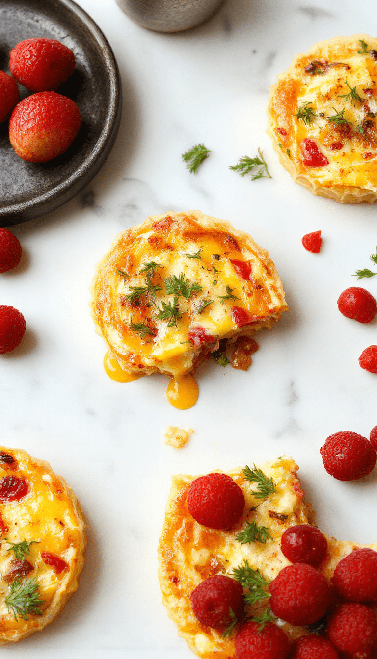 A colorful, golden-brown breakfast quiche sliced open to reveal a fluffy eggs and cheese filling with diced vegetables and herbs, presented on a rustic wooden plate with a side salad, vibrant garnishes, and a soft natural light accentuating textures.
