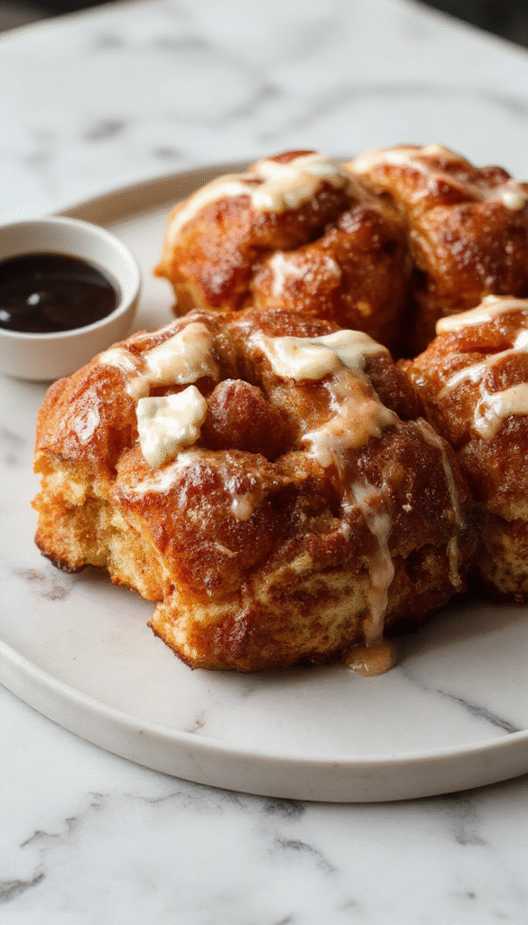 A golden-brown monkey bread pulled apart to reveal soft, gooey layers with a glossy caramel glaze on top. The bread is presented on a rustic wooden platter, garnished with a sprinkle of powdered sugar and a few pecans around it. The texture looks fluffy and moist, with caramel drizzles cascading over the flaky layers, creating an inviting and mouthwatering scene.