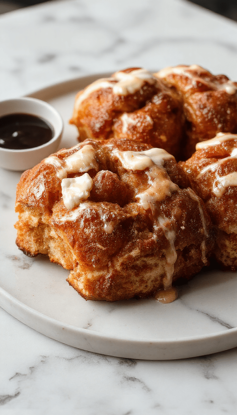 A golden-brown monkey bread pulled apart to reveal soft, gooey layers with a glossy caramel glaze on top. The bread is presented on a rustic wooden platter, garnished with a sprinkle of powdered sugar and a few pecans around it. The texture looks fluffy and moist, with caramel drizzles cascading over the flaky layers, creating an inviting and mouthwatering scene.