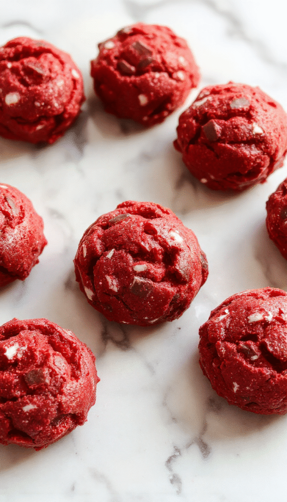 A vibrant red velvet cookie dough ball on a rustic wooden plate garnished with powdered sugar, surrounded by chunks of white chocolate chips and red velvet crumbs, with a soft focus background highlighting the rich red color and smooth texture of the dough.