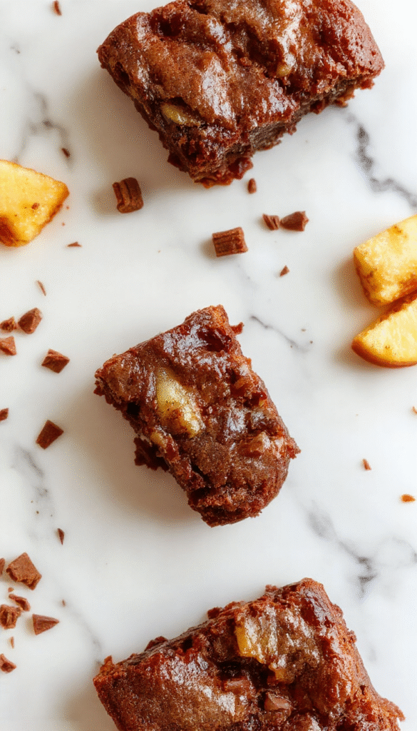 A close-up of a plate of apple brownies with a golden-brown crust, topped with apple slices and a dusting of powdered sugar, with a rustic fall-themed background featuring autumn leaves and a wooden table.