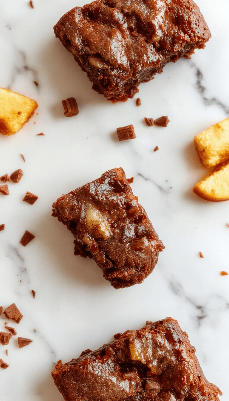 A close-up of a plate of apple brownies with a golden-brown crust, topped with apple slices and a dusting of powdered sugar, with a rustic fall-themed background featuring autumn leaves and a wooden table.