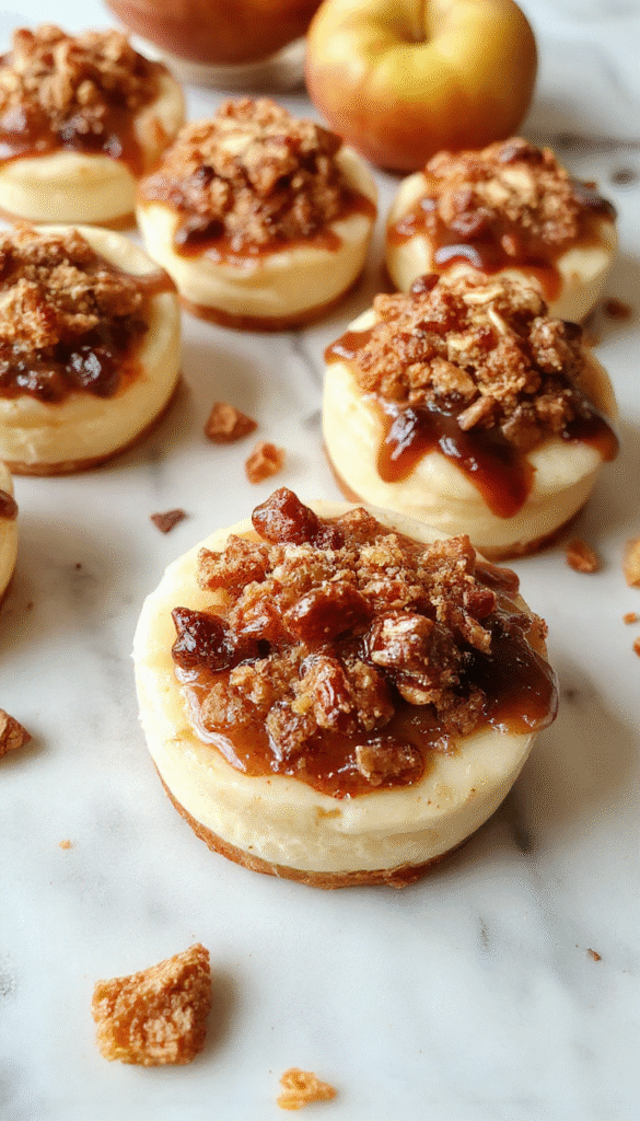 Colorful mini cheesecakes topped with golden apple slices and cinnamon, arranged on a white plate with a rustic fall table background, showcasing creamy textures and inviting autumnal vibes.