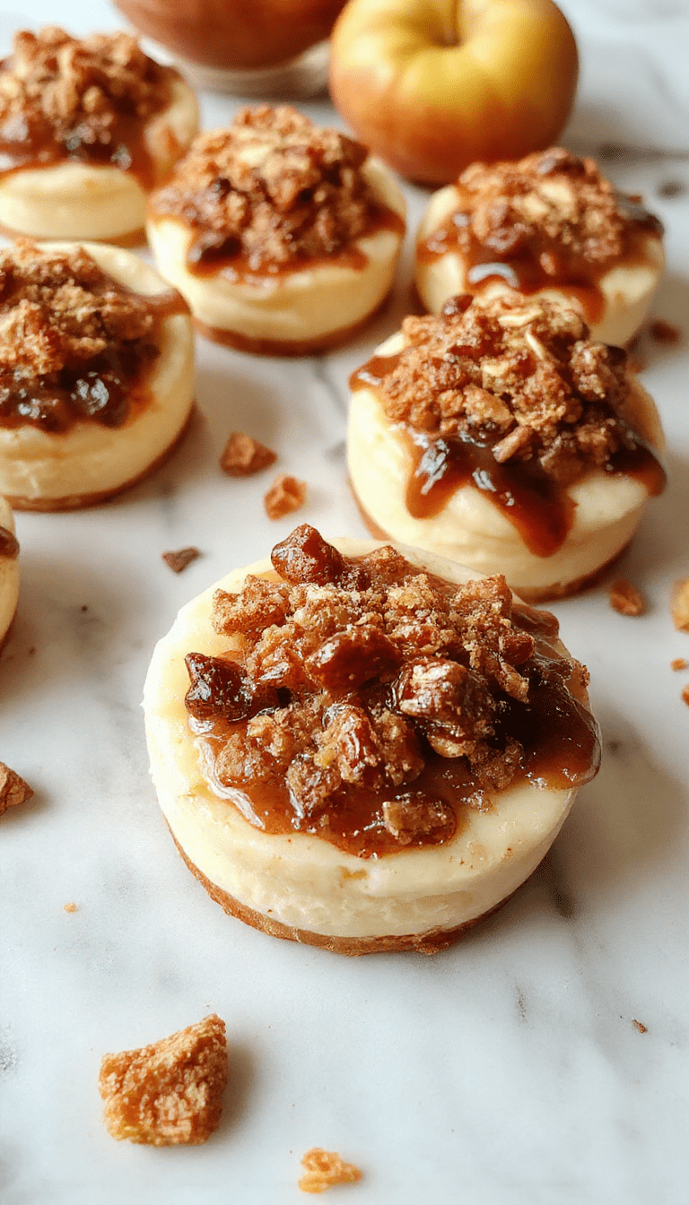 Colorful mini cheesecakes topped with golden apple slices and cinnamon, arranged on a white plate with a rustic fall table background, showcasing creamy textures and inviting autumnal vibes.
